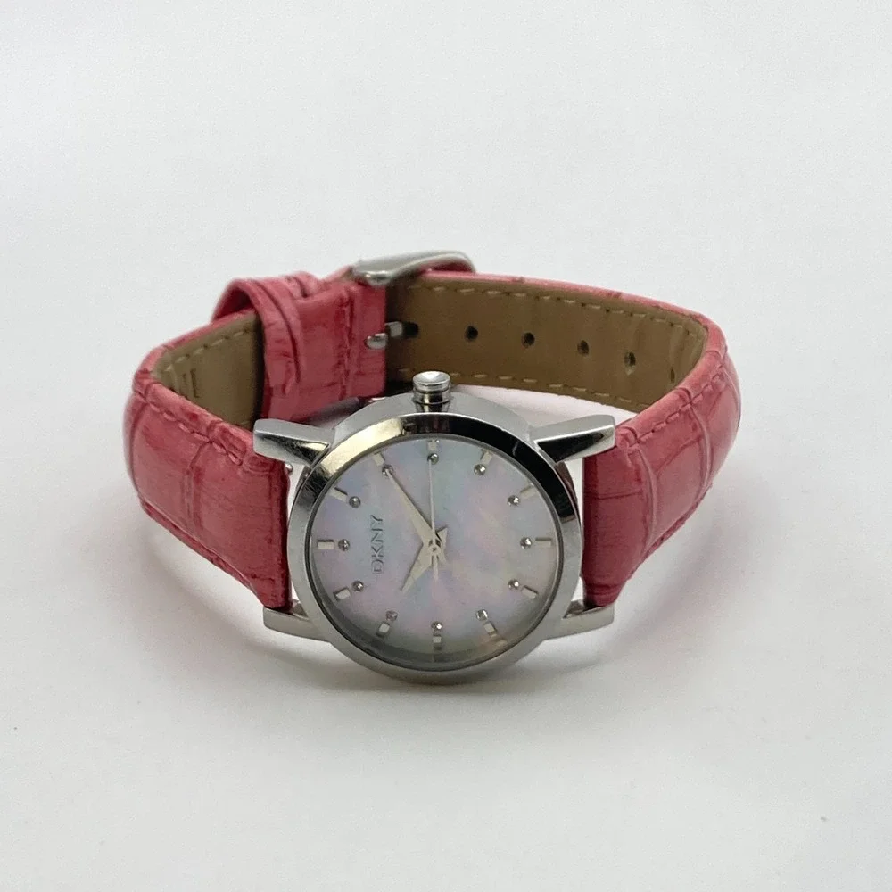 DKNY Women's Watch Silver Tone 28mm MOP Dial Pink Leather New Battery 8.25